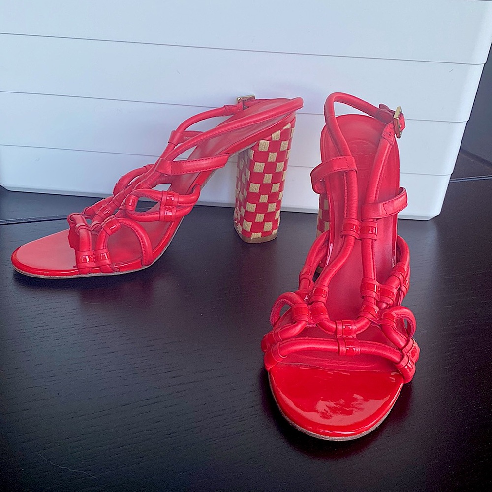Tory Burch Vibrant Red Sandals with Checkered Heel